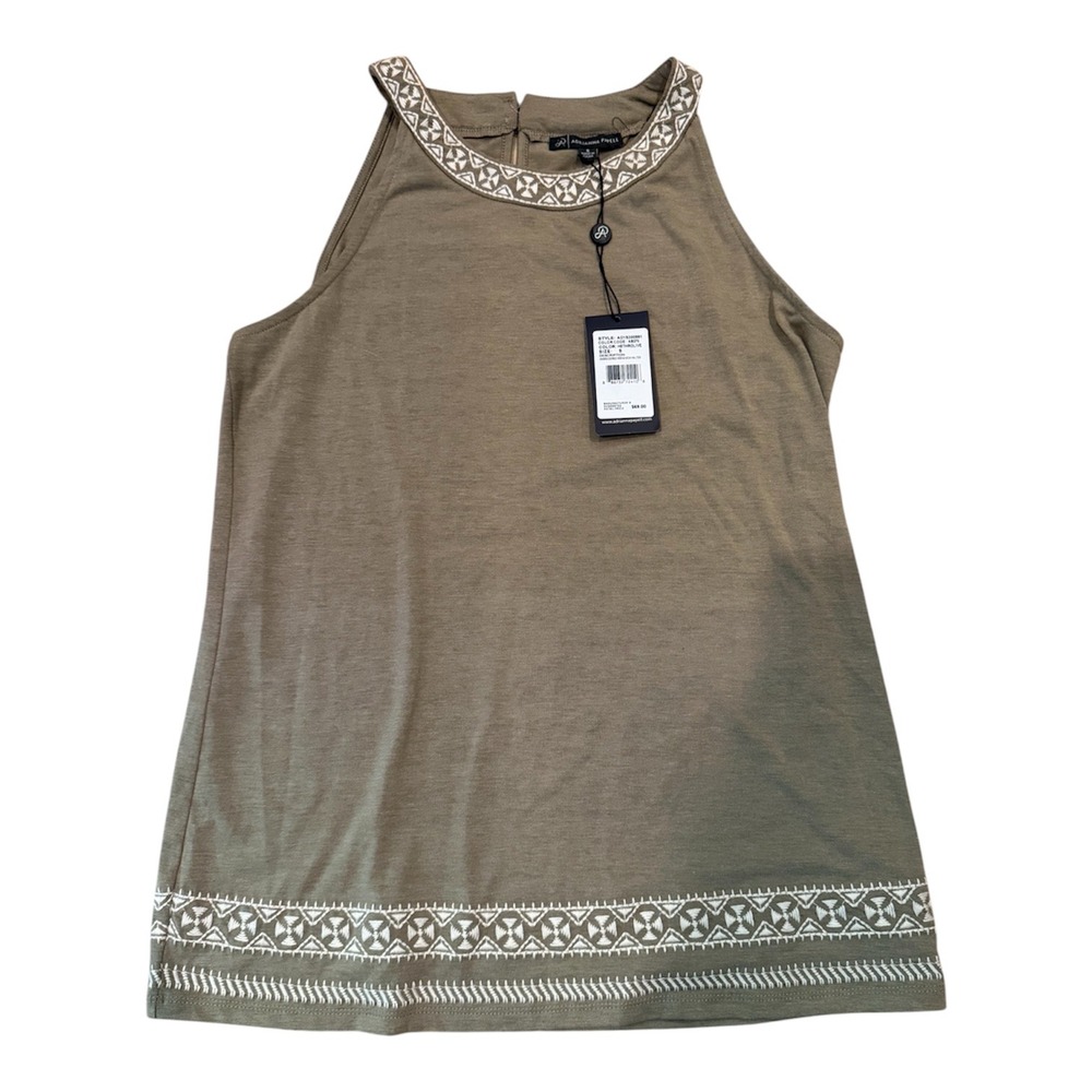 Adrianna Papell Embroidered Halter Neck Top Olive Green Boho Sleeveless